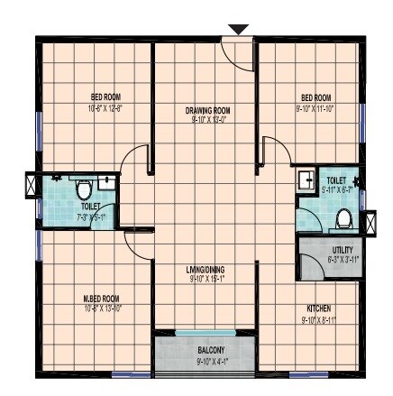 Floor plan of 3 BHK 1500 Sq. Ft. Apartment in Venkata Praneeth Pranav Flora, Hyderabad