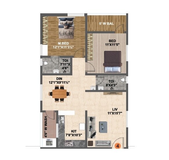 Floor plan of 2 BHK 1191 Sq. Ft. Apartment in Venkatadri Vajras Abode, Hyderabad