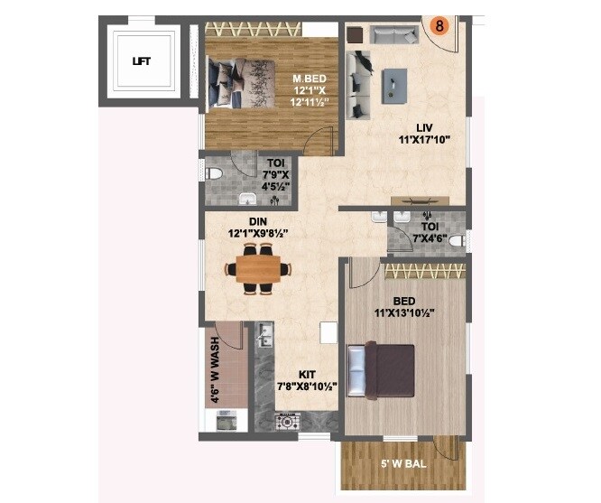 Floor plan of 2 BHK 1300 Sq. Ft. Apartment in Venkatadri Vajras Abode, Hyderabad