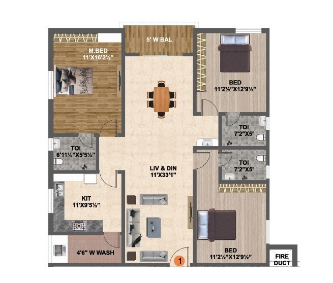 Floor plan of 3 BHK 1690 Sq. Ft. Apartment in Venkatadri Vajras Abode, Hyderabad