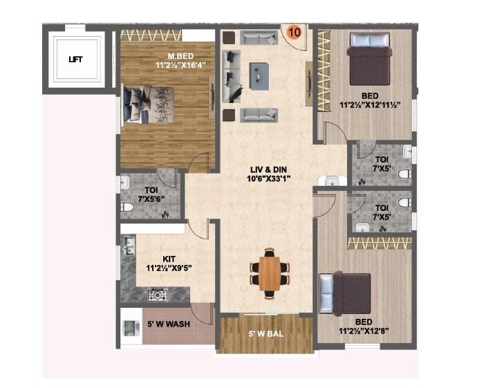 Floor plan of 3 BHK 1730 Sq. Ft. Apartment in Venkatadri Vajras Abode, Hyderabad