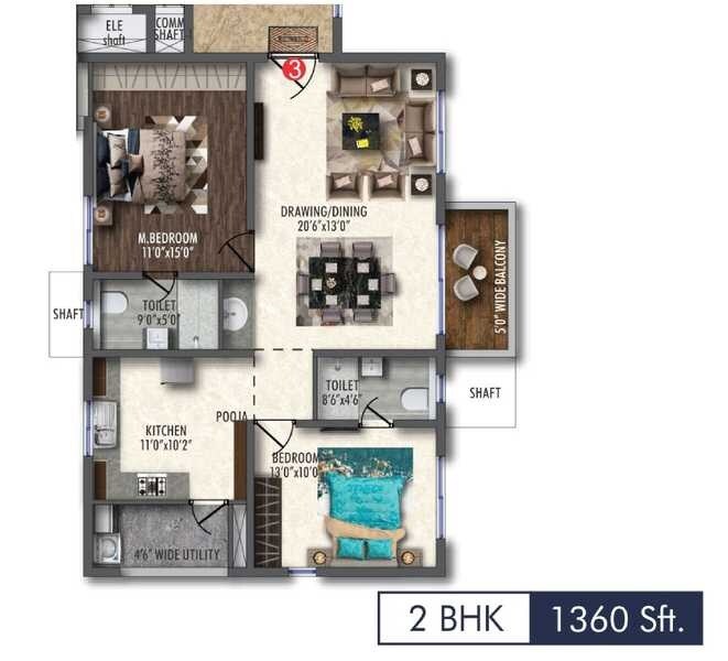 Floor plan of 2 BHK 1360 Sq. Ft. Apartment in Vertex 33 West, Hyderabad
