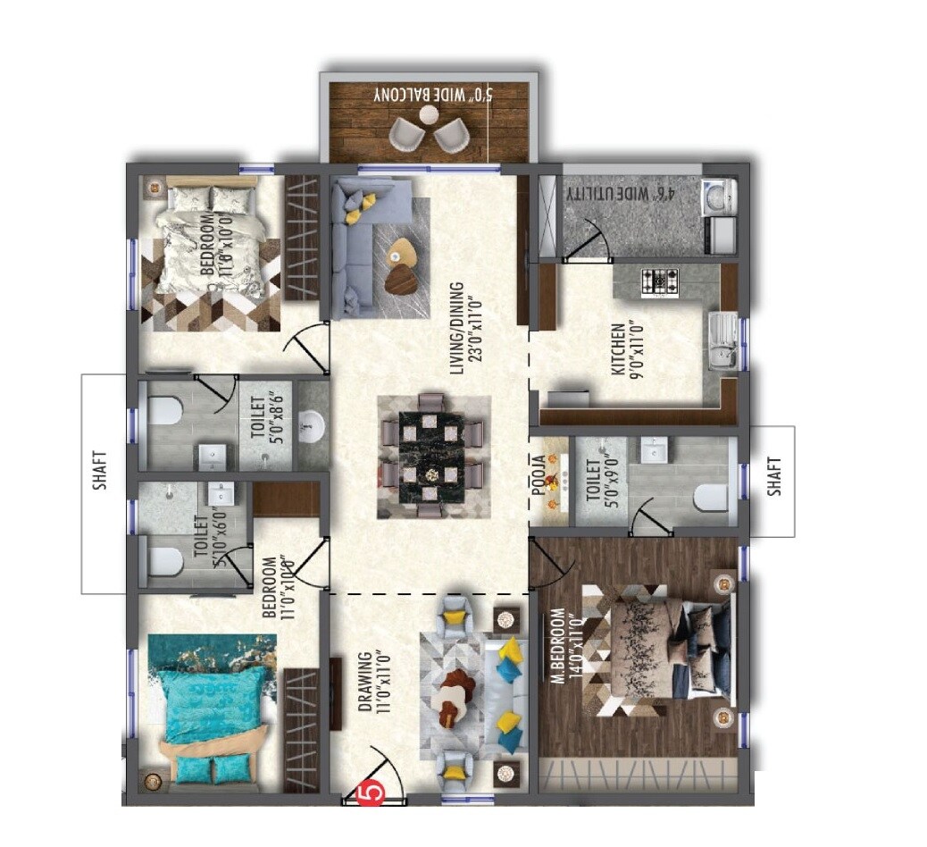Floor plan of 3 BHK 1690 Sq. Ft. Apartment in Vertex 33 West, Hyderabad