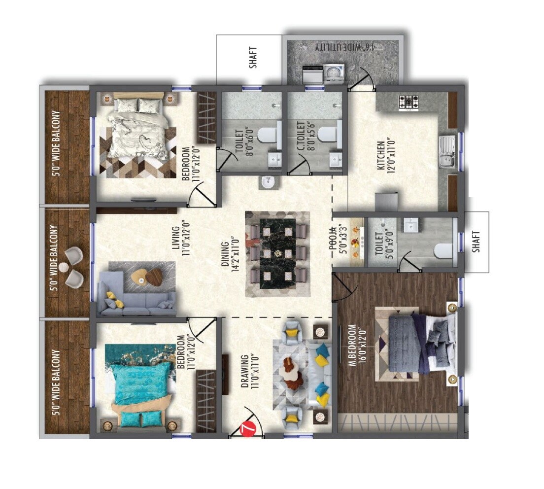 Floor plan of 3 BHK 2080 Sq. Ft. Apartment in Vertex 33 West, Hyderabad