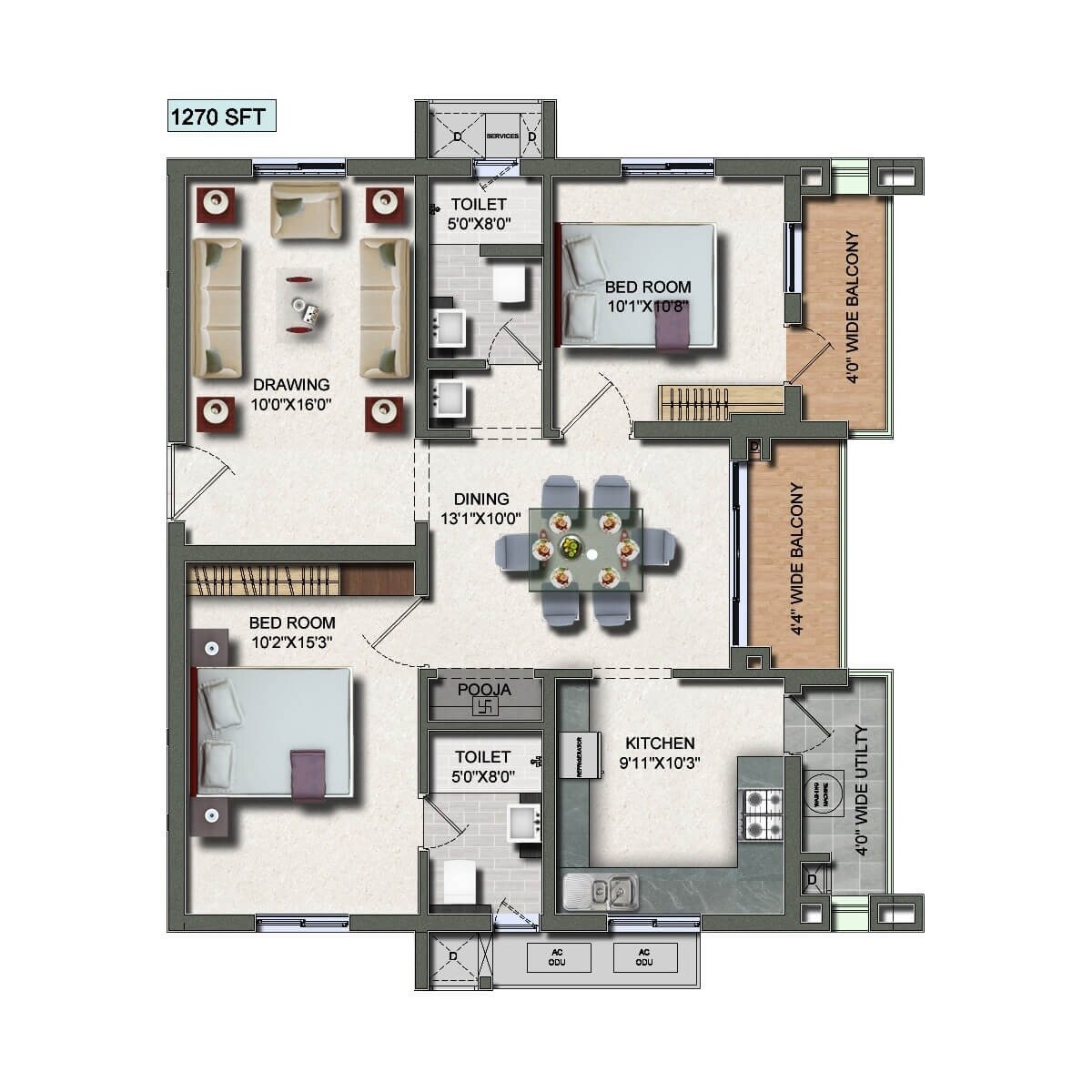 2 BHK 1270 Sq. Ft. Apartment