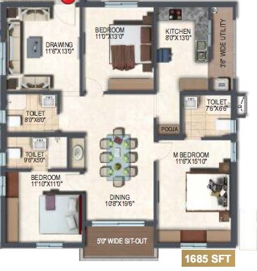 3 BHK 1685 Sq. Ft. Apartment