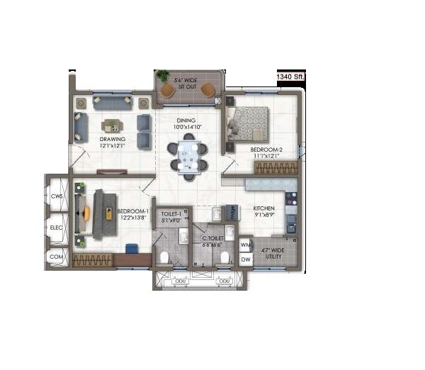 Floor plan of 2 BHK 1340 Sq. Ft. Apartment in Vertex Viraat, Hyderabad