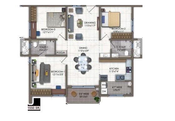 Floor plan of 3 BHK 1550 Sq. Ft. Apartment in Vertex Viraat, Hyderabad
