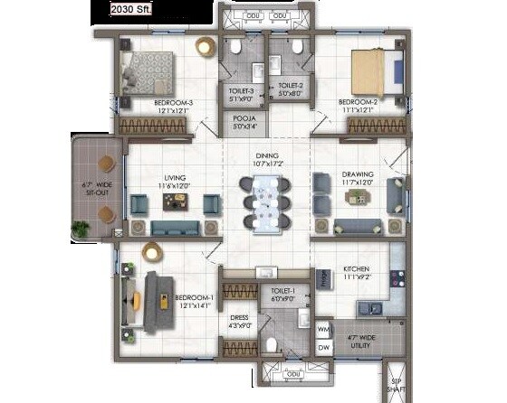 Floor plan of 3 BHK 2030 Sq. Ft. Apartment in Vertex Viraat, Hyderabad