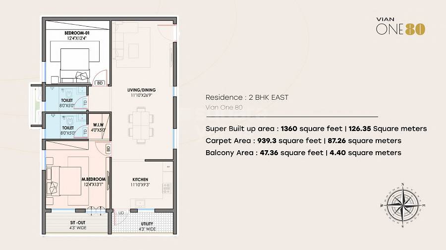 Floor plan of 2 BHK 1360 Sq. Ft. Apartment in Vian One80, Hyderabad