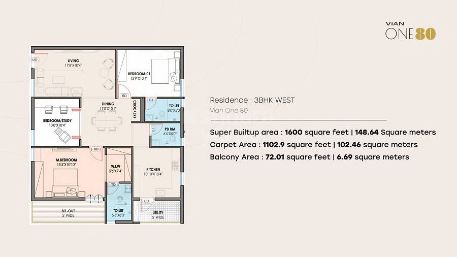 Floor plan of 3 BHK 1600 Sq. Ft. Apartment in Vian One80, Hyderabad