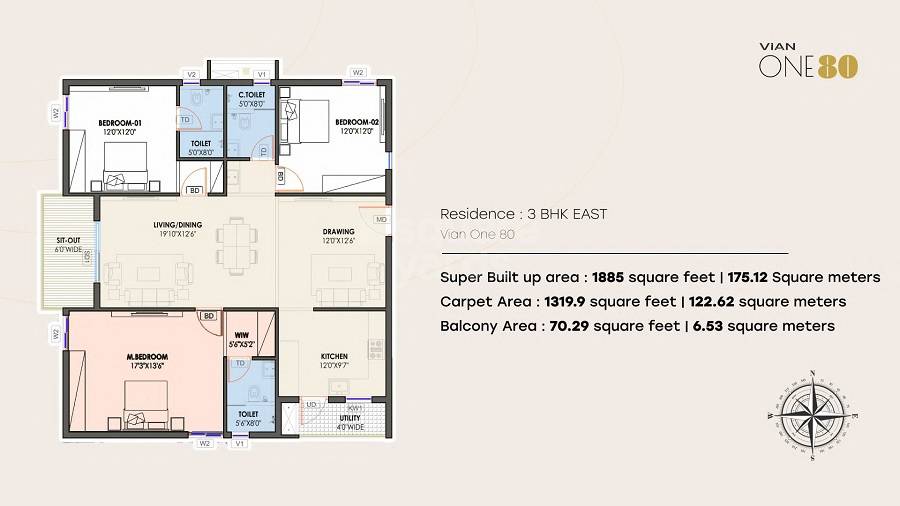 Floor plan of 3 BHK 1885 Sq. Ft. Apartment in Vian One80, Hyderabad