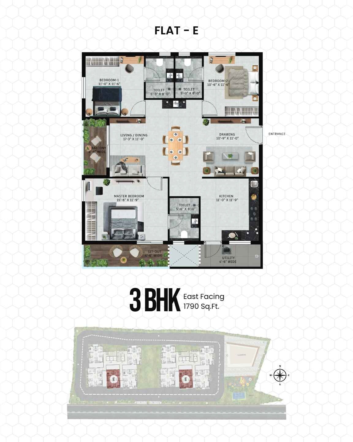 Floor plan of 3 BHK 1790 Sq. Ft. Apartment in Vian Vayu, Hyderabad