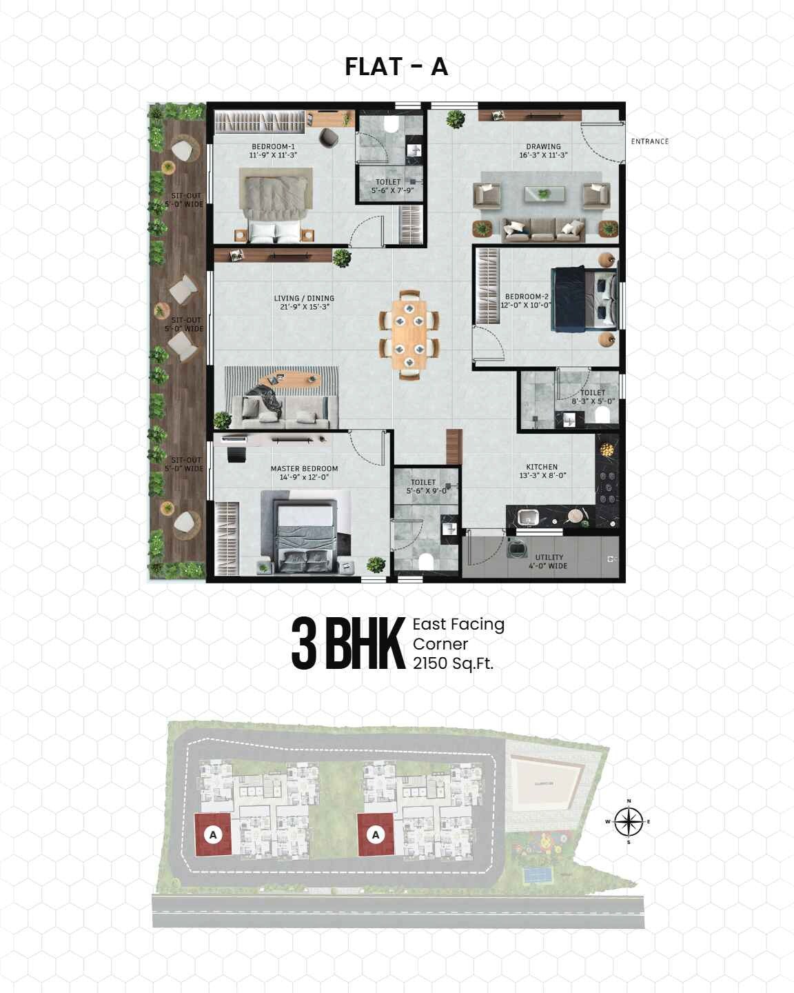 Floor plan of 3 BHK 2150 Sq. Ft. Apartment in Vian Vayu, Hyderabad