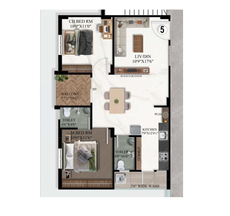Floor plan of 2 BHK 1000 Sq. Ft. Apartment in Vidhatri Fortune Towers, Hyderabad