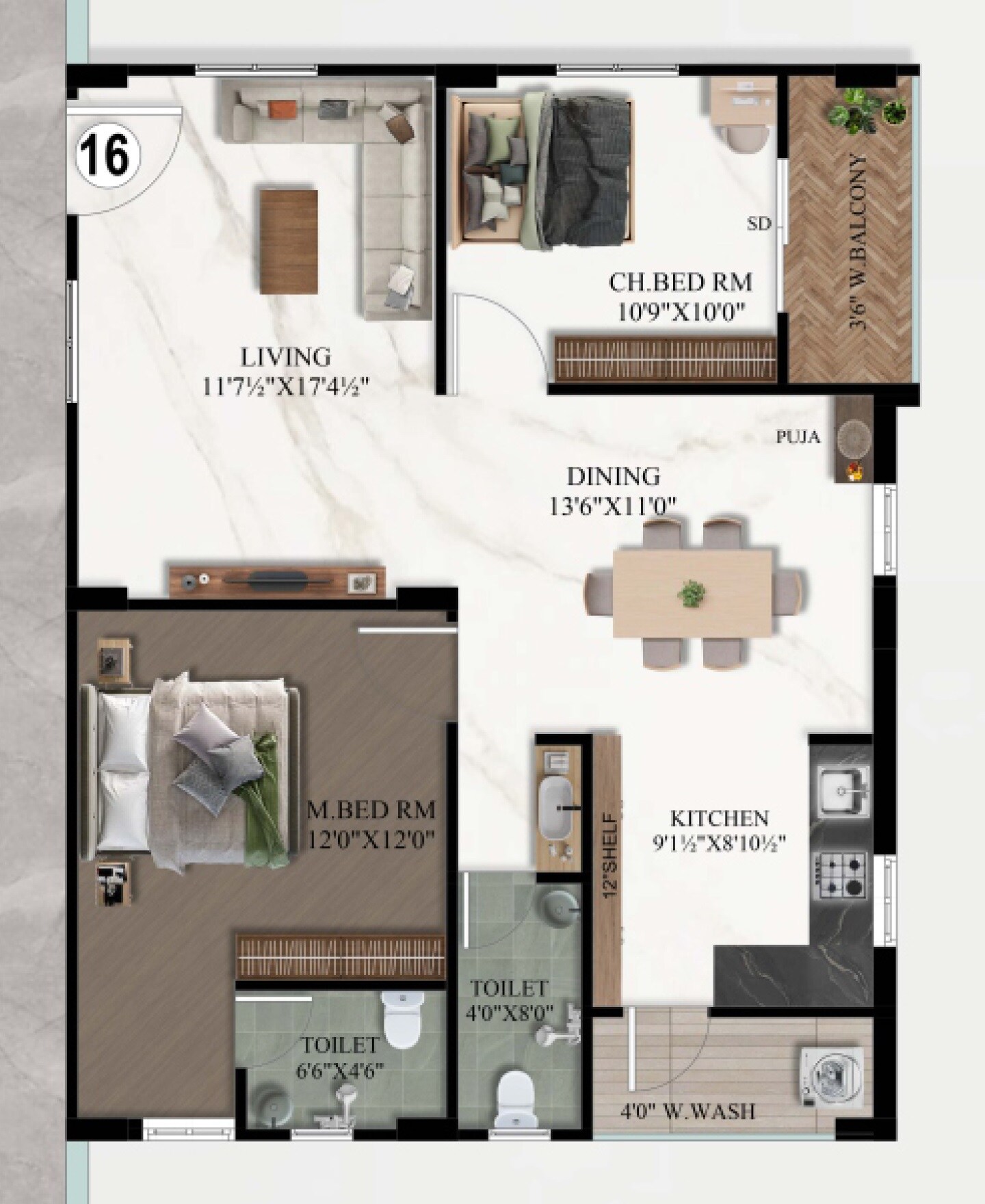 Floor plan of 2 BHK 1240 Sq. Ft. Apartment in Vidhatri Fortune Towers, Hyderabad