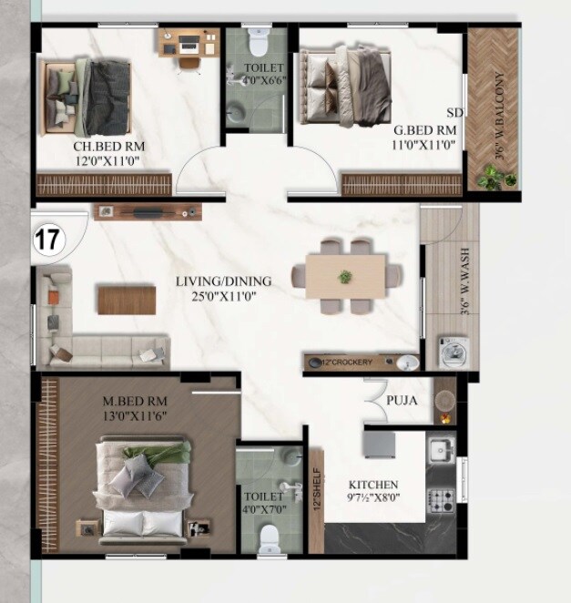 Floor plan of 3 BHK 1350 Sq. Ft. Apartment in Vidhatri Fortune Towers, Hyderabad