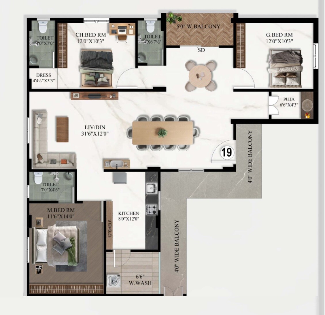 3 BHK 2000 Sq. Ft. Apartment