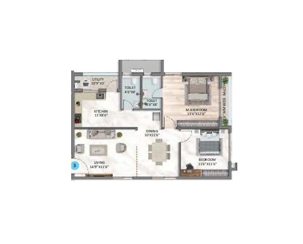 Floor plan of 2 BHK 1272 Sq. Ft. Apartment in Vijay Sai Hill Side, Hyderabad