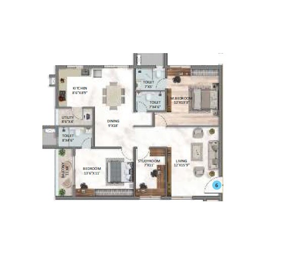 Floor plan of 2 BHK 1524 Sq. Ft. Apartment in Vijay Sai Hill Side, Hyderabad