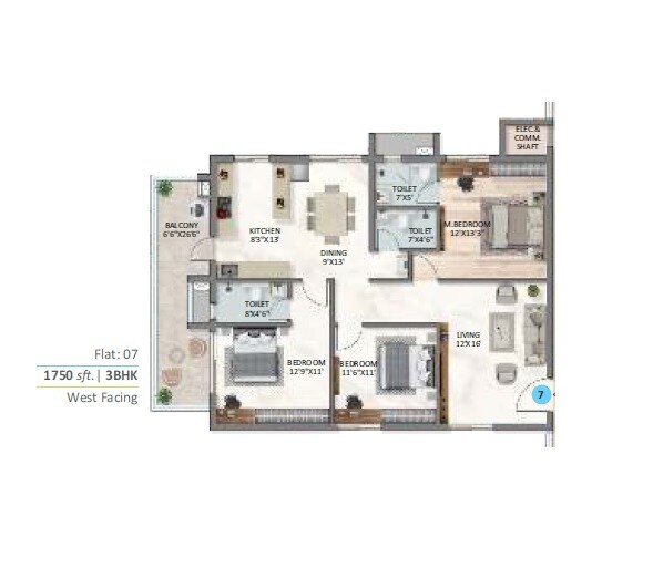 Floor plan of 3 BHK 1750 Sq. Ft. Apartment in Vijay Sai Hill Side, Hyderabad