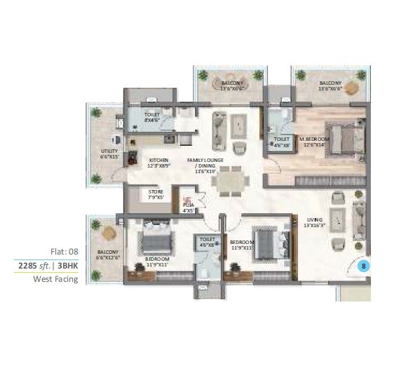 Floor plan of 3 BHK 2285 Sq. Ft. Apartment in Vijay Sai Hill Side, Hyderabad