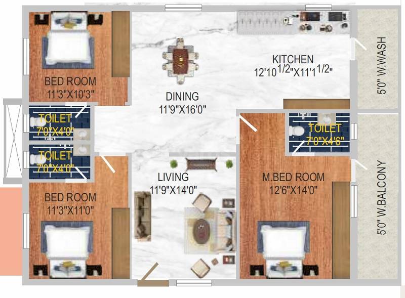 Floor plan of 3 BHK Apartment - 1565 sq. ft. in Vijaya Bheri Arcade, Hyderabad