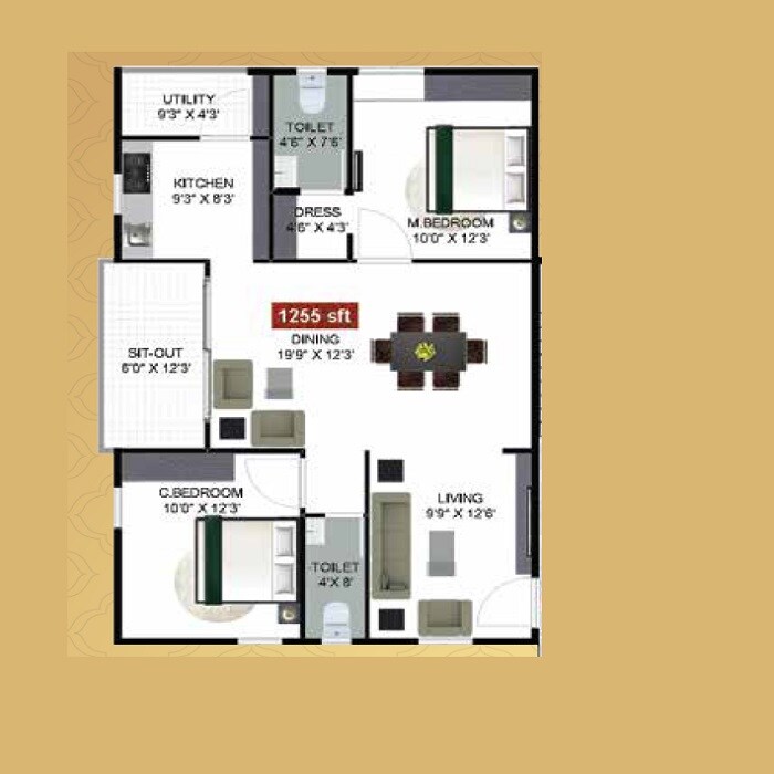 Floor plan of 2 BHK 1255 Sq. Ft. Apartment in Vijetha Exotica Apartment, Hyderabad