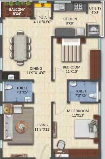 Floor plan of 2 BHK 1190 Sq. Ft. Apartment in Vijetha Shantiniketan, Hyderabad