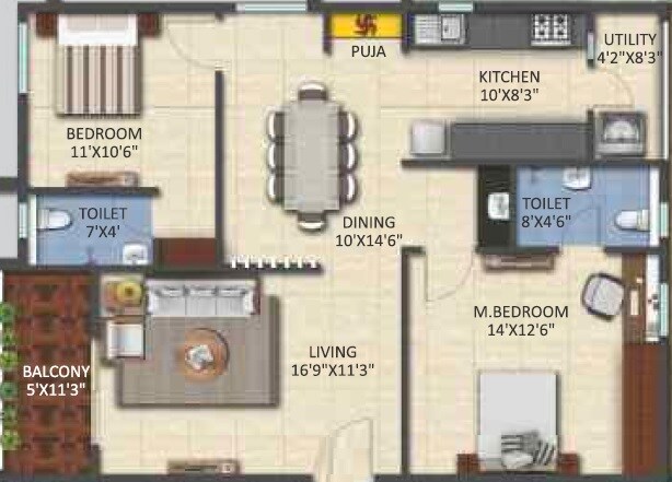 Floor plan of 2 BHK 1315 Sq. Ft. Apartment in Vijetha Shantiniketan, Hyderabad