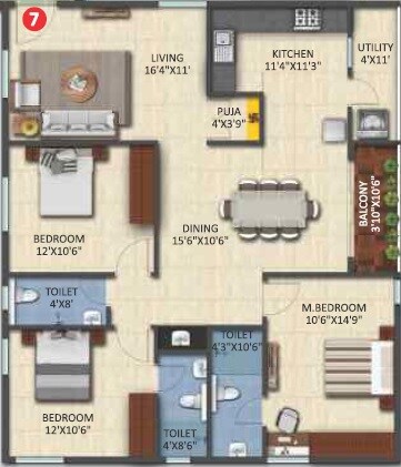 Floor plan of 3 BHK 1635 Sq. Ft. Apartment in Vijetha Shantiniketan, Hyderabad