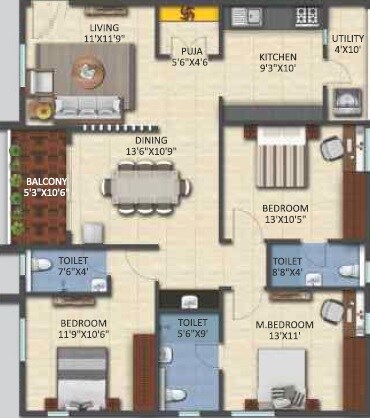 Floor plan of 3 BHK 1655 Sq. Ft. Apartment in Vijetha Shantiniketan, Hyderabad