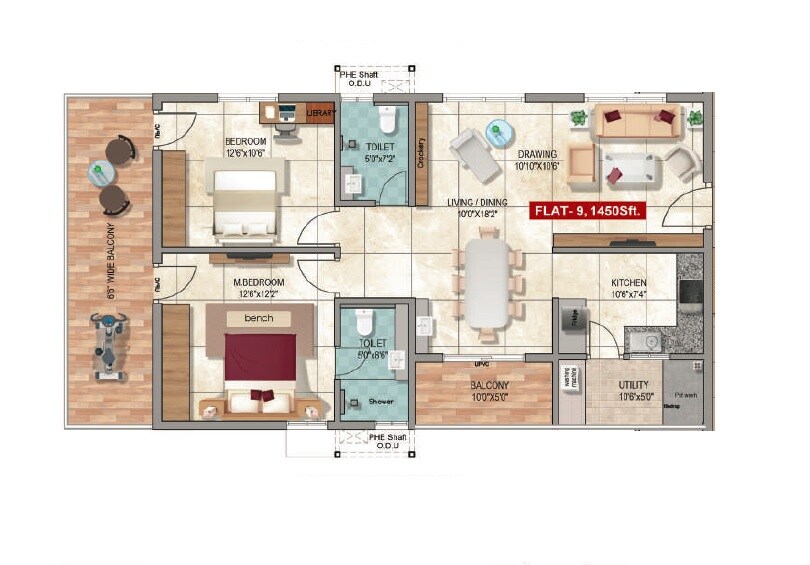 Floor plan of 2 BHK 1450 Sq. Ft. Apartment in Vijetha Tranquil East, Hyderabad