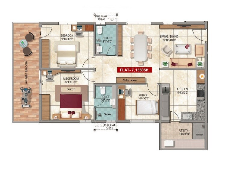 Floor plan of 3 BHK 1550 Sq. Ft. Apartment in Vijetha Tranquil East, Hyderabad