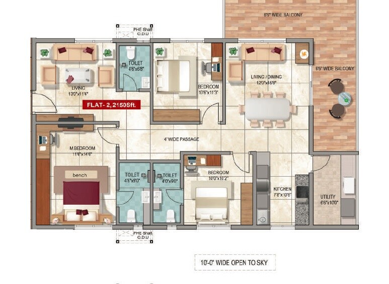 Floor plan of 3 BHK 2150 Sq. Ft. Apartment in Vijetha Tranquil East, Hyderabad