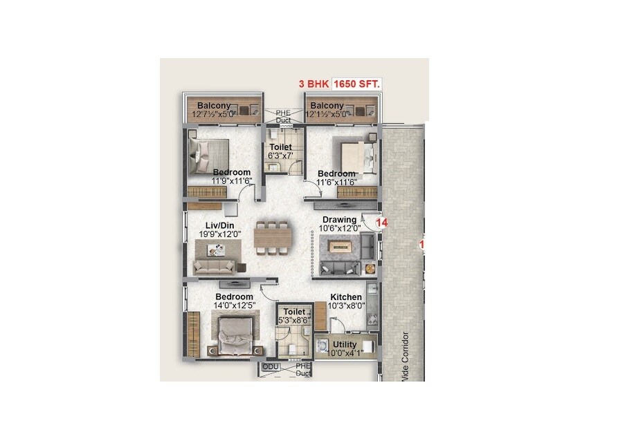 Floor plan of 3 BHK 1650 Sq. Ft. Apartment in Vilva The Radiant, Hyderabad