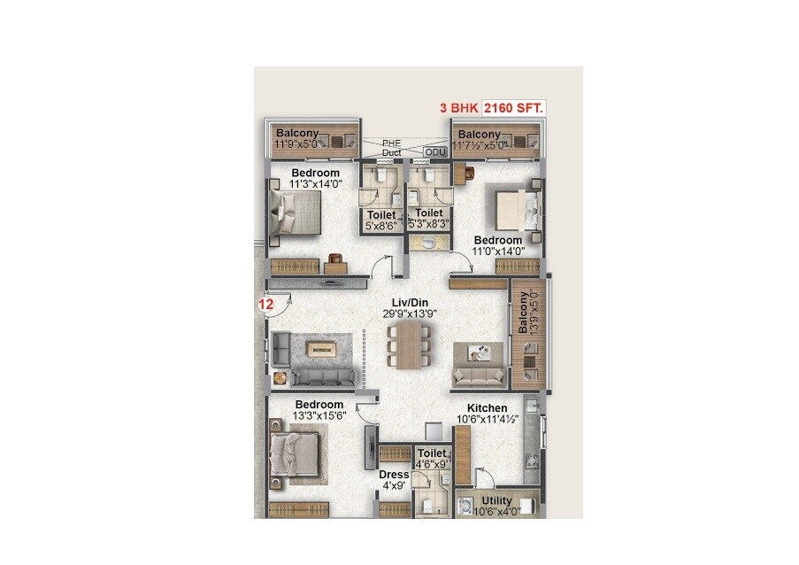 Floor plan of 3 BHK 2160 Sq. Ft. Apartment in Vilva The Radiant, Hyderabad