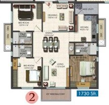Floor plan of 3 BHK 1730 Sq. Ft. Apartment in Vishnu Vistara, Hyderabad