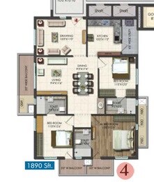Floor plan of 3 BHK 1890 Sq. Ft. Apartment in Vishnu Vistara, Hyderabad