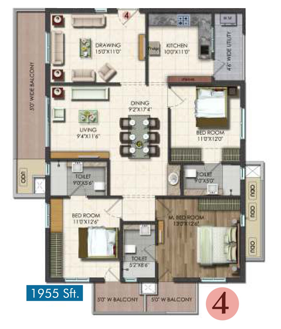 Floor plan of 3 BHK 1955 Sq. Ft. Apartment in Vishnu Vistara, Hyderabad