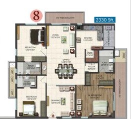 Floor plan of 3 BHK 2330 Sq. Ft. Apartment in Vishnu Vistara, Hyderabad