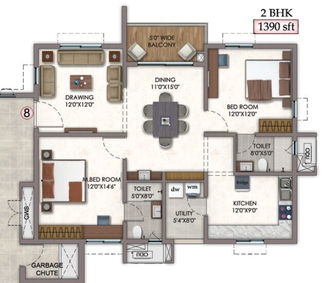 Floor plan of 2 BHK 1390 Sq. Ft. Apartment in Vision Arsha, Hyderabad