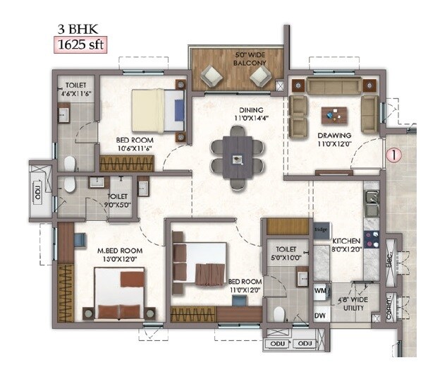 Floor plan of 3 BHK 1625 Sq. Ft. Apartment in Vision Arsha, Hyderabad
