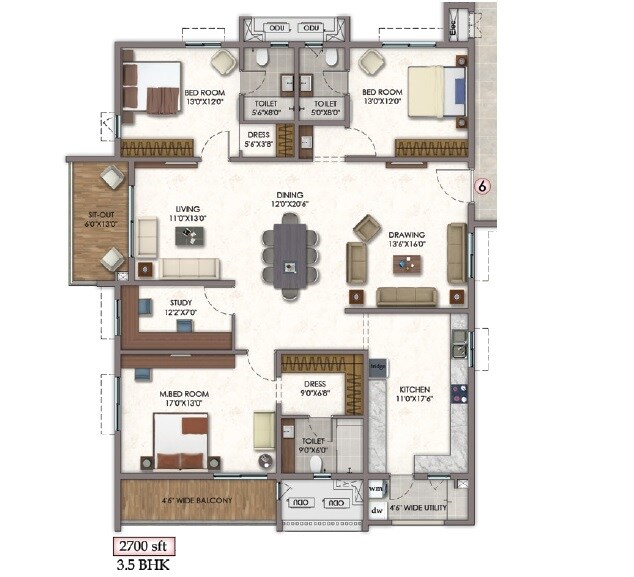 Floor plan of 3 BHK 2700 Sq. Ft. Apartment in Vision Arsha, Hyderabad