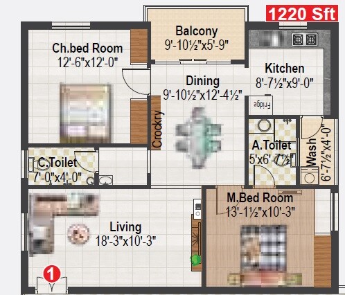 Floor plan of 2 BHK 1220 Sq. Ft. Apartment in Vision Cascade Greens, Hyderabad