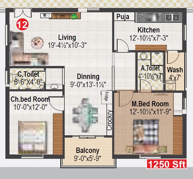 Floor plan of 2 BHK 1250 Sq. Ft. Apartment in Vision Cascade Greens, Hyderabad