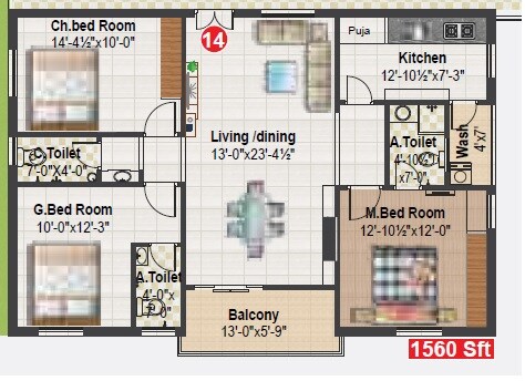 Floor plan of 3 BHK 1560 Sq. Ft. Apartment in Vision Cascade Greens, Hyderabad
