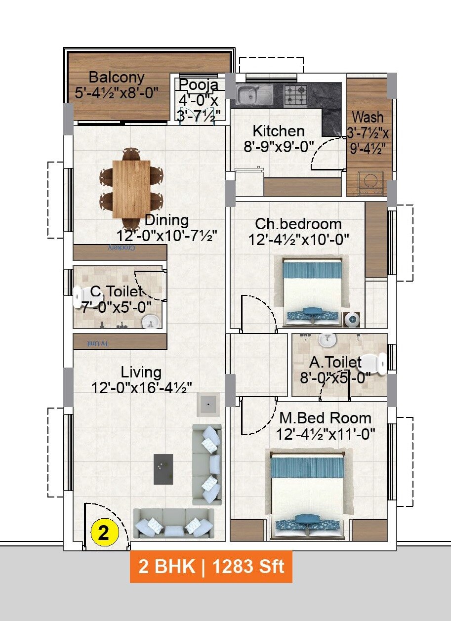Floor plan of 2 BHK 1283 Sq. Ft. Apartment in Vision Lake Front, Hyderabad