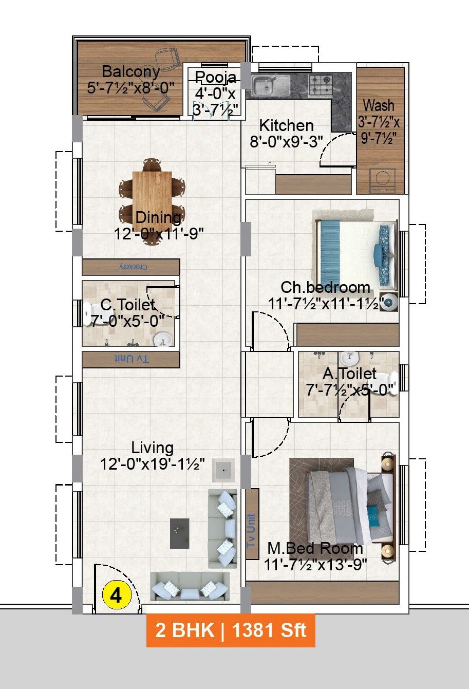 Floor plan of 2 BHK 1381 Sq. Ft. Apartment in Vision Lake Front, Hyderabad