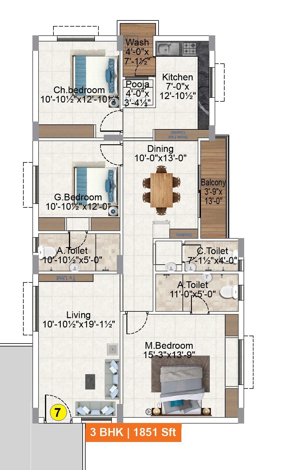 3 BHK 1851 Sq. Ft. Apartment